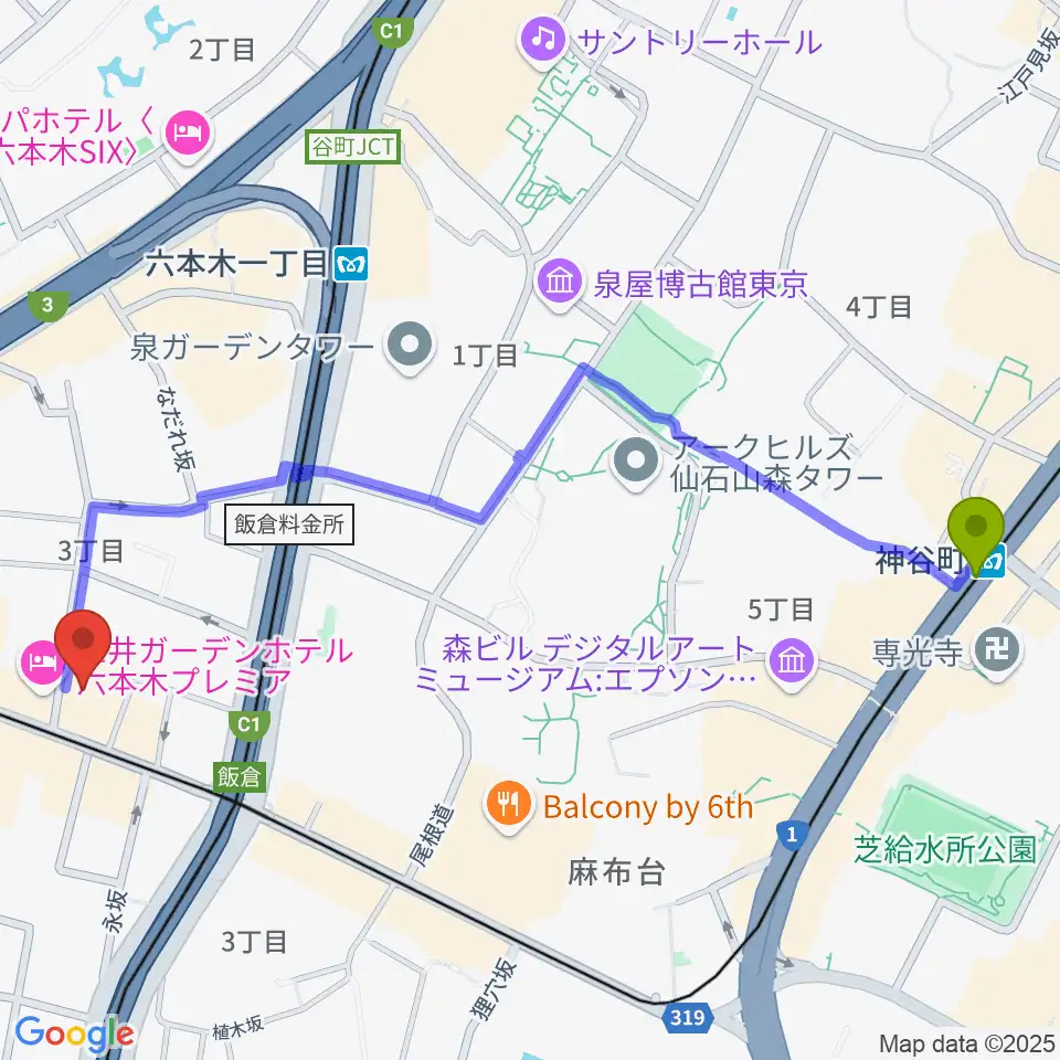 神谷町駅から六本木クラップスへのルートマップ地図