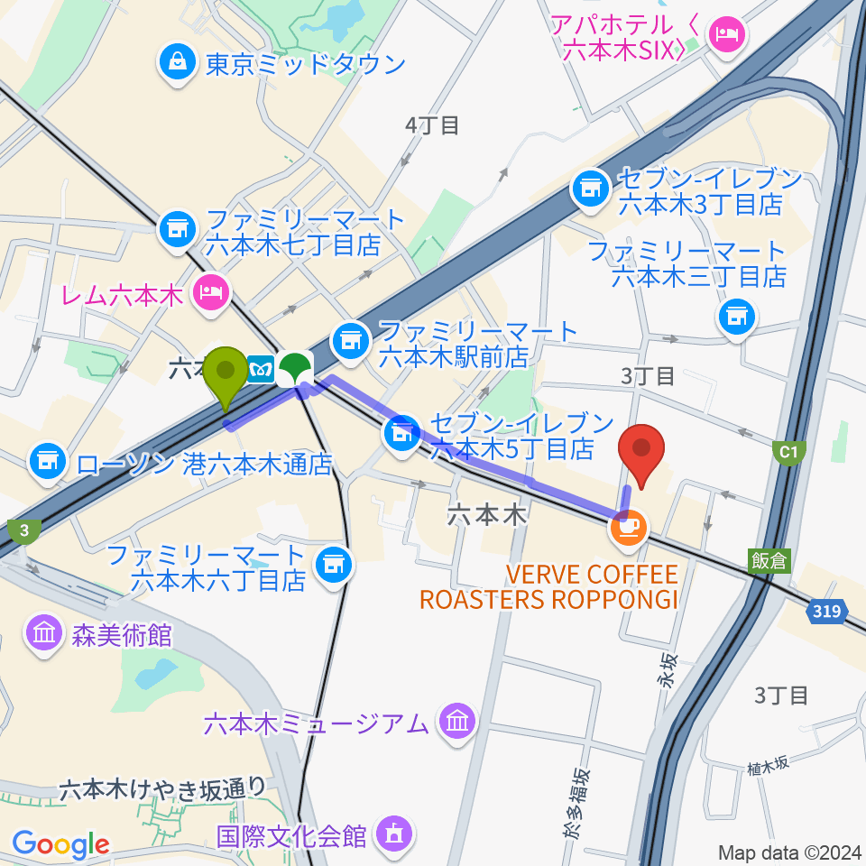 六本木クラップスの最寄駅六本木駅からの徒歩ルート（約8分）地図