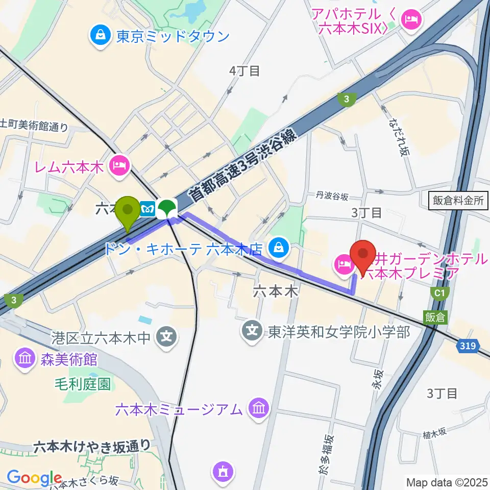六本木クラップスの最寄駅六本木駅からの徒歩ルート（約8分）地図