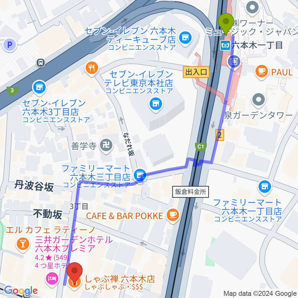 六本木一丁目駅から六本木クラップスへのルートマップ地図