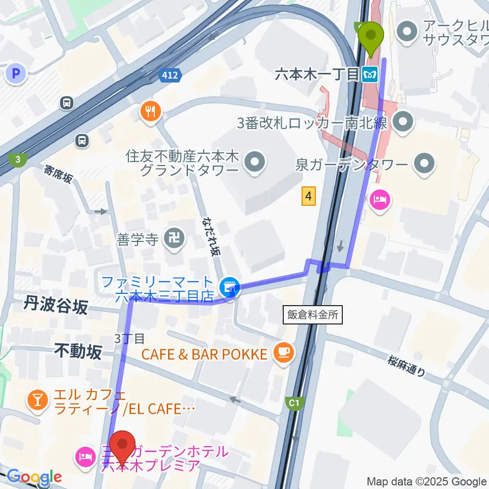 六本木一丁目駅から六本木クラップスへのルートマップ地図