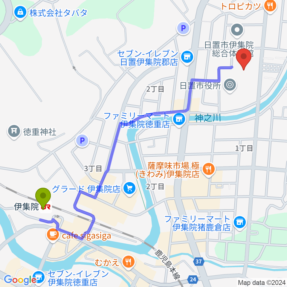 日置市伊集院文化会館の最寄駅伊集院駅からの徒歩ルート（約14分）地図