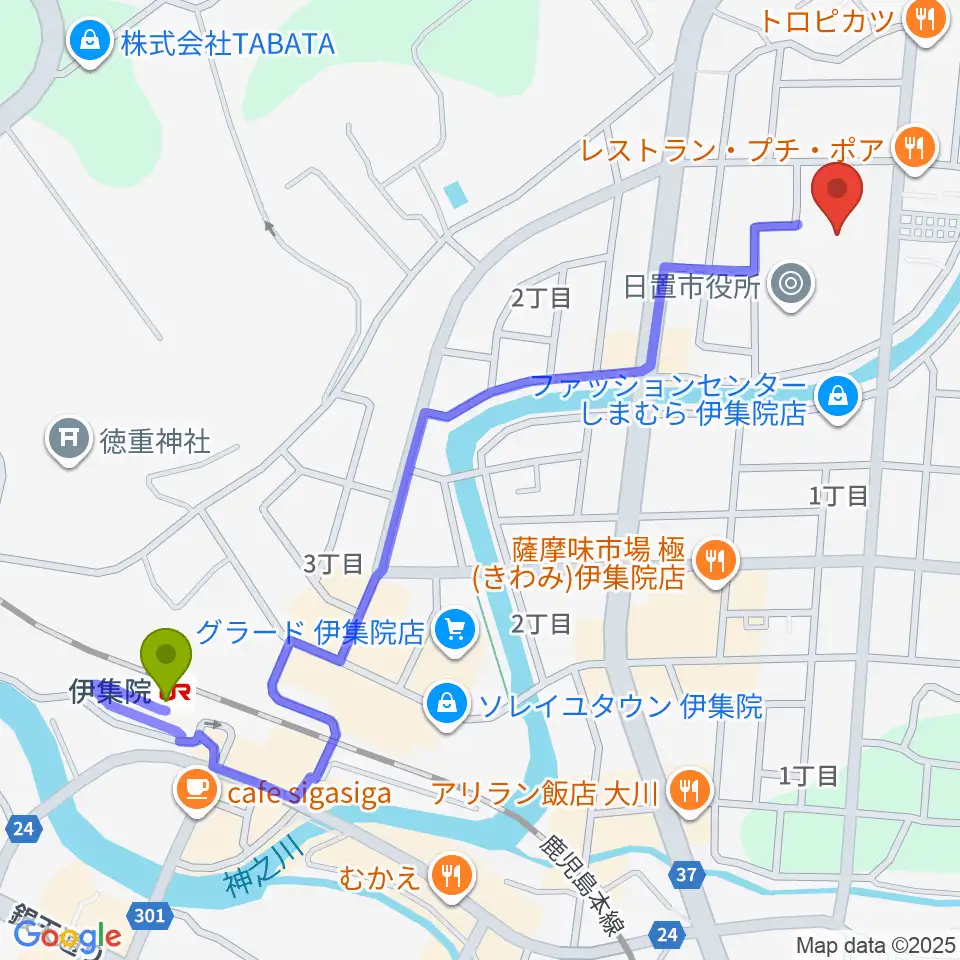 日置市伊集院文化会館の最寄駅伊集院駅からの徒歩ルート（約14分）地図