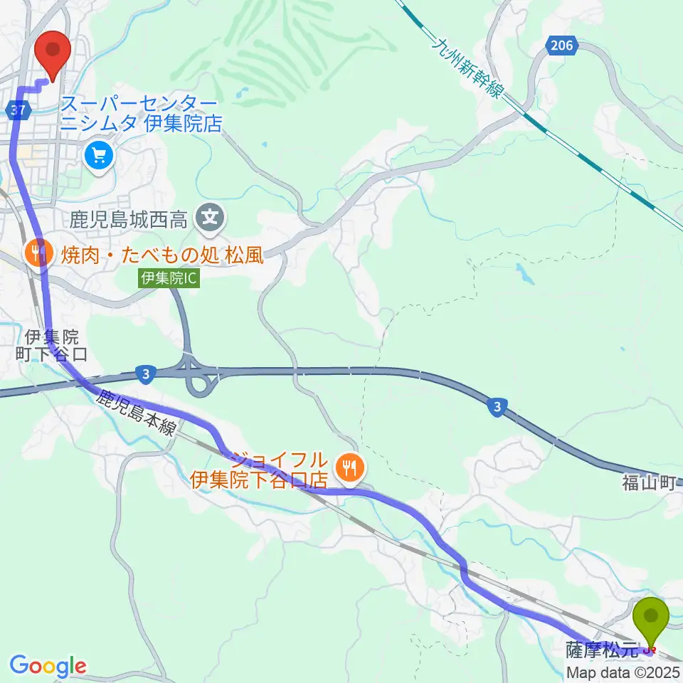 薩摩松元駅から日置市伊集院文化会館へのルートマップ地図