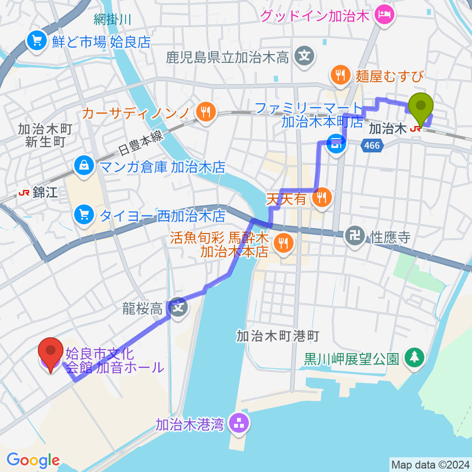 加治木駅から姶良市文化会館 加音ホールへのルートマップ地図