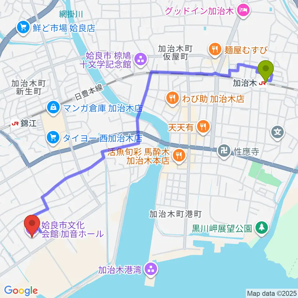 加治木駅から姶良市文化会館 加音ホールへのルートマップ地図