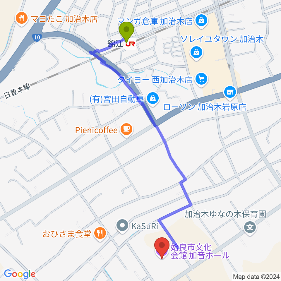 姶良市文化会館 加音ホールの最寄駅錦江駅からの徒歩ルート（約13分）地図