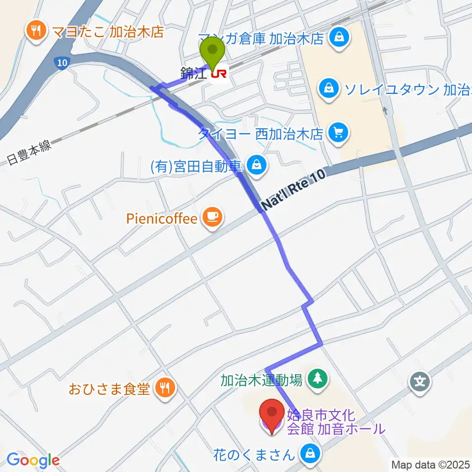 姶良市文化会館 加音ホールの最寄駅錦江駅からの徒歩ルート（約13分）地図