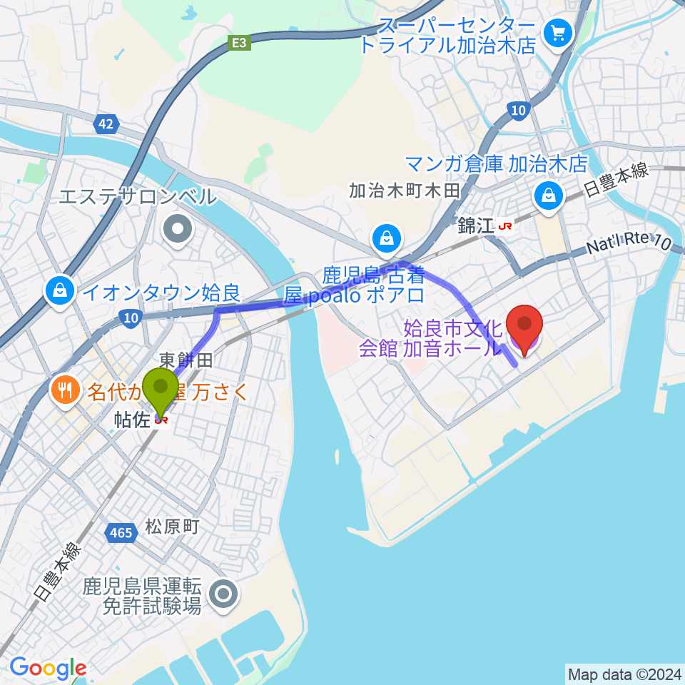 帖佐駅から姶良市文化会館 加音ホールへのルートマップ地図