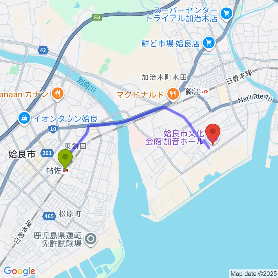 帖佐駅から姶良市文化会館 加音ホールへのルートマップ地図