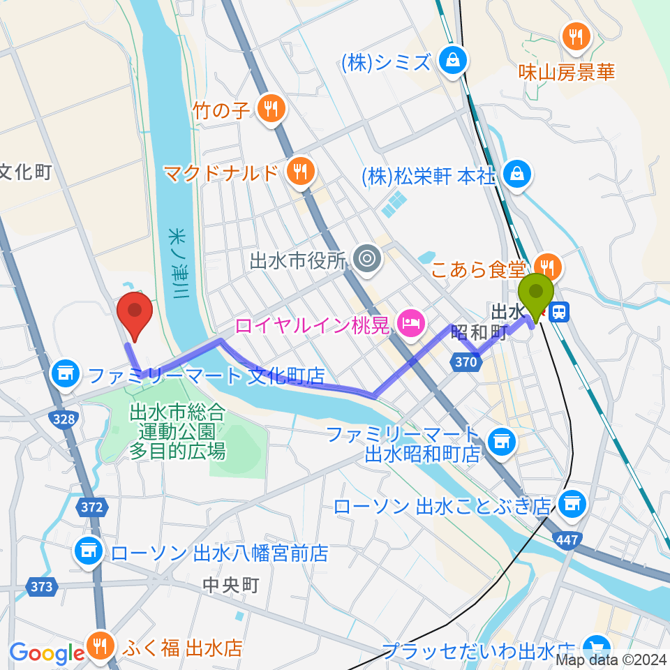 マルマエホール出水（出水市文化会館）の最寄駅出水駅からの徒歩ルート（約19分）地図
