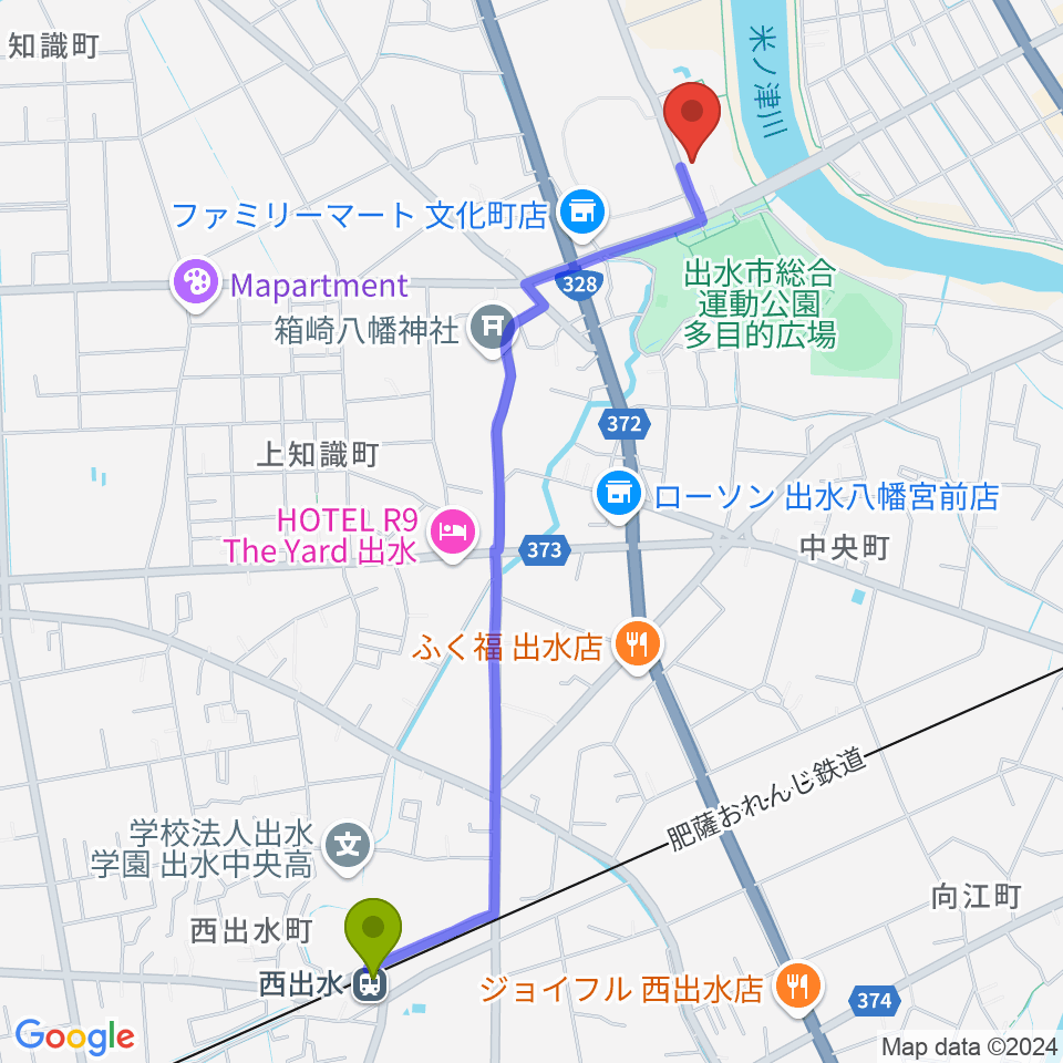 西出水駅からマルマエホール出水（出水市文化会館）へのルートマップ地図