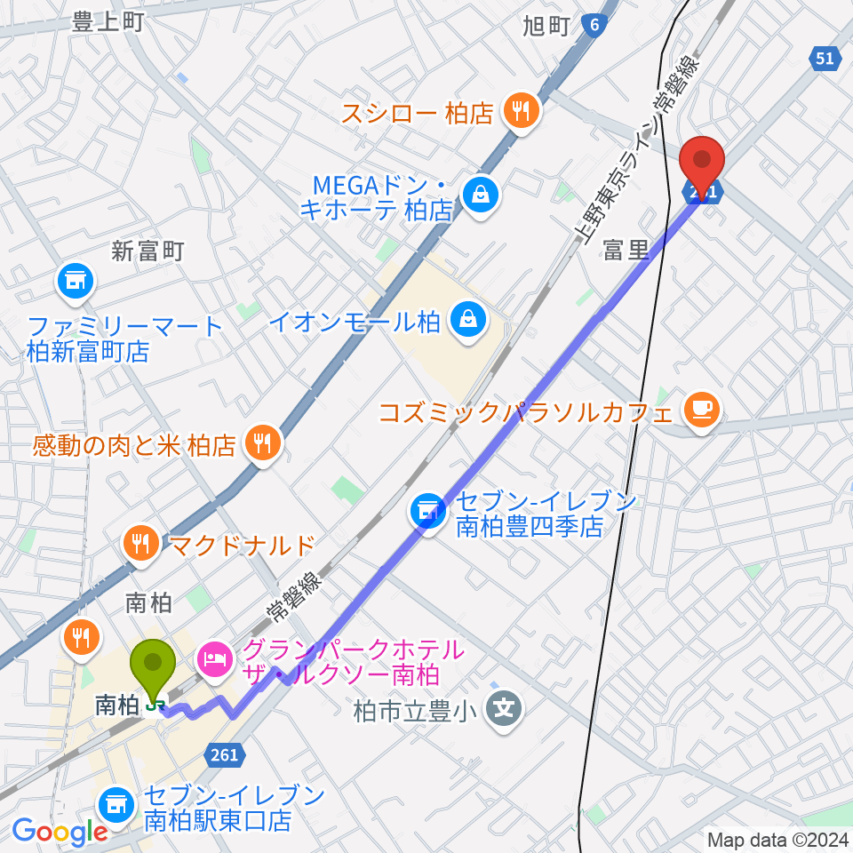 南柏駅から尚美学園認定ピアノ教室 Music Clubへのルートマップ地図