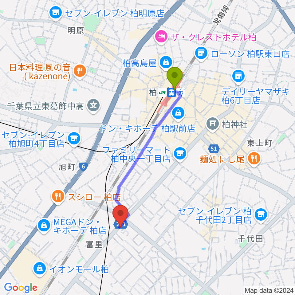 尚美学園認定ピアノ教室 Music Clubの最寄駅柏駅からの徒歩ルート（約16分）地図