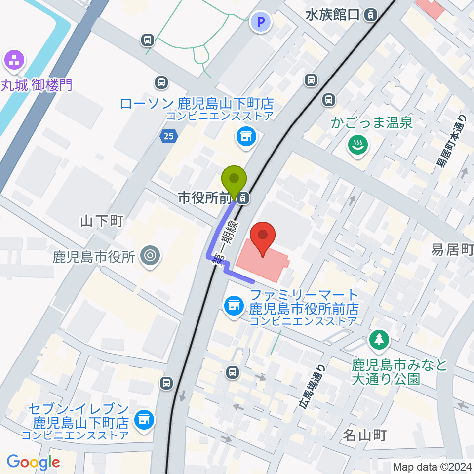 かごしま文化情報センターKCICの最寄駅市役所前駅からの徒歩ルート（約1分）地図