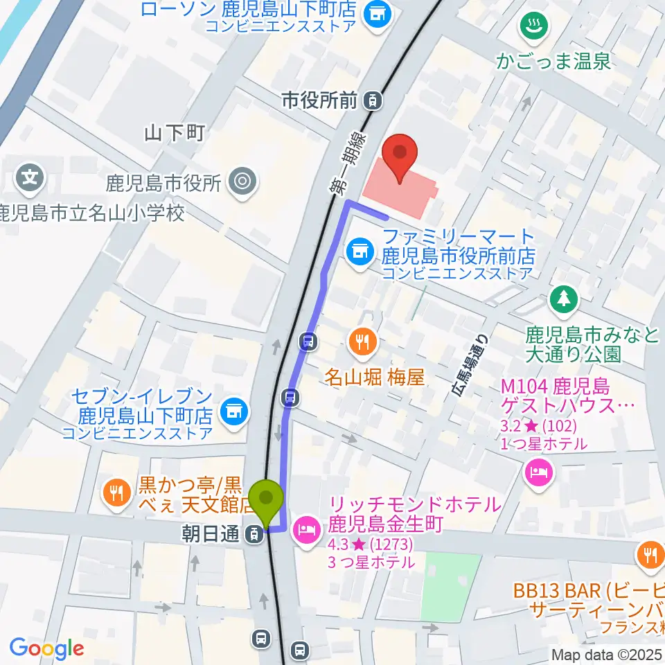 朝日通駅からかごしま文化情報センターKCICへのルートマップ地図