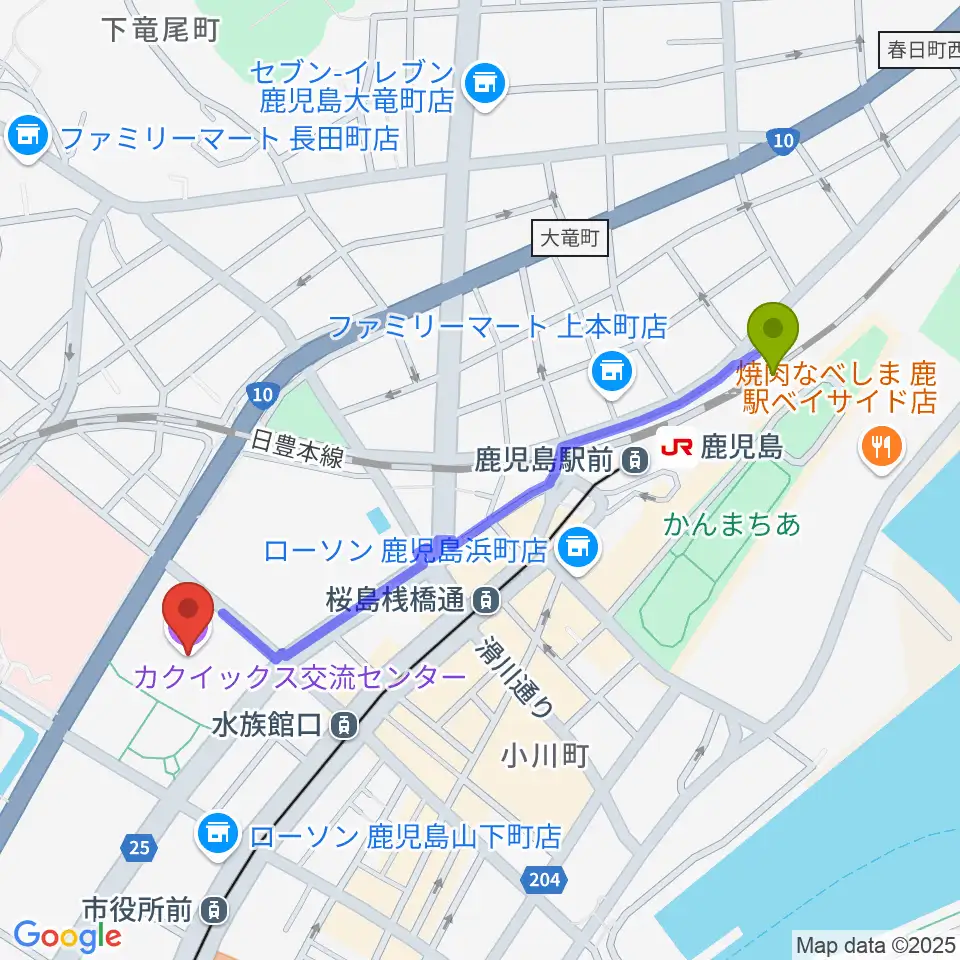 鹿児島駅からカクイックス交流センターへのルートマップ地図