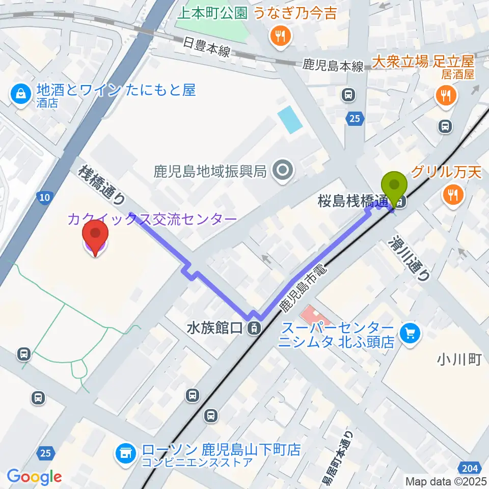 桜島桟橋通駅からカクイックス交流センターへのルートマップ地図