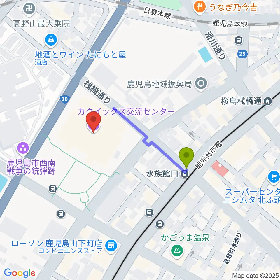 カクイックス交流センターの最寄駅水族館口駅からの徒歩ルート（約3分）地図