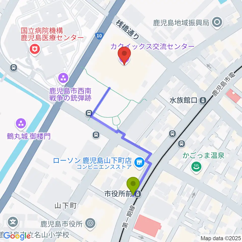 市役所前駅からカクイックス交流センターへのルートマップ地図