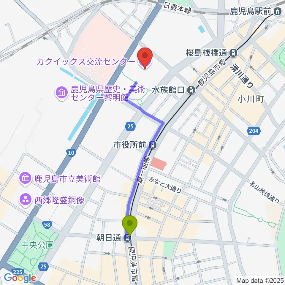朝日通駅からカクイックス交流センターへのルートマップ地図