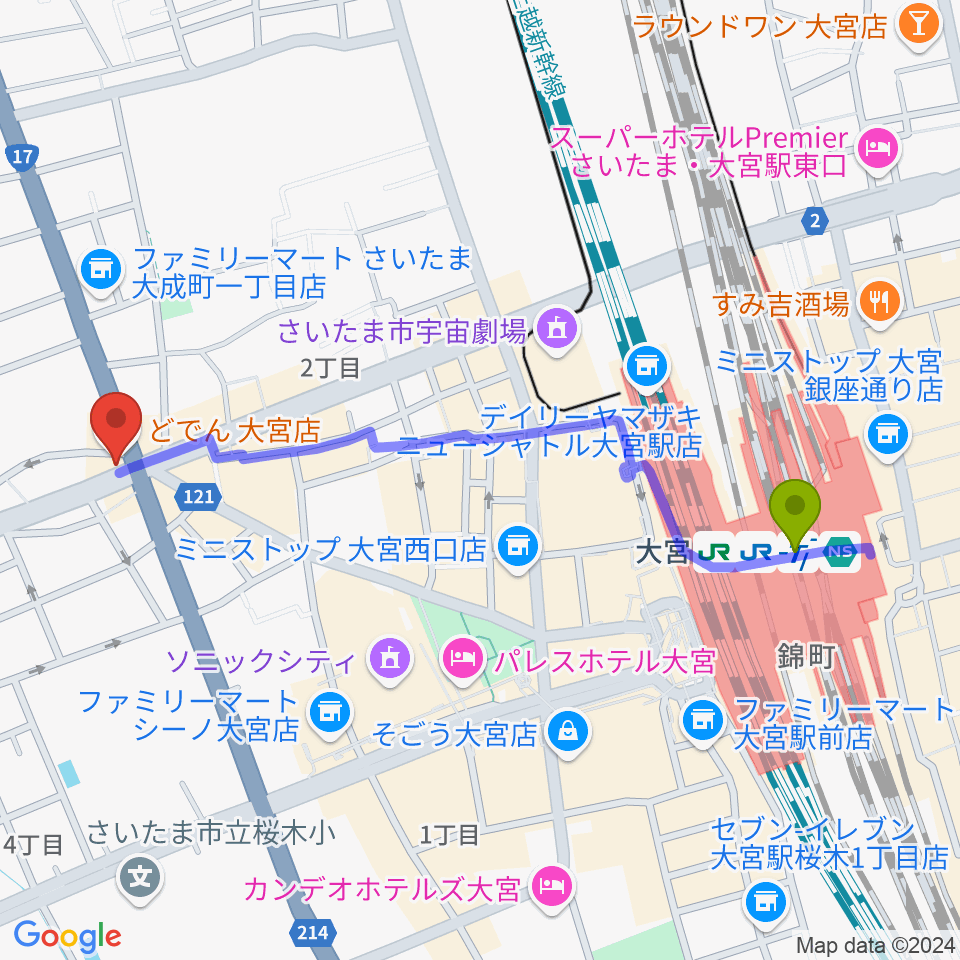 大宮B+ ビープラスの最寄駅大宮駅からの徒歩ルート（約11分）地図