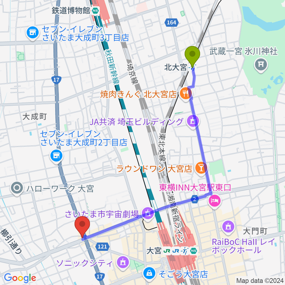 北大宮駅から大宮B+ ビープラスへのルートマップ地図