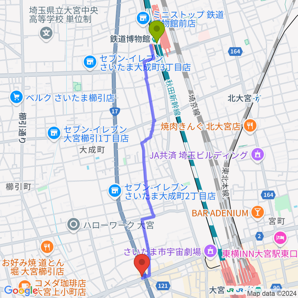 鉄道博物館駅から大宮B+ ビープラスへのルートマップ地図