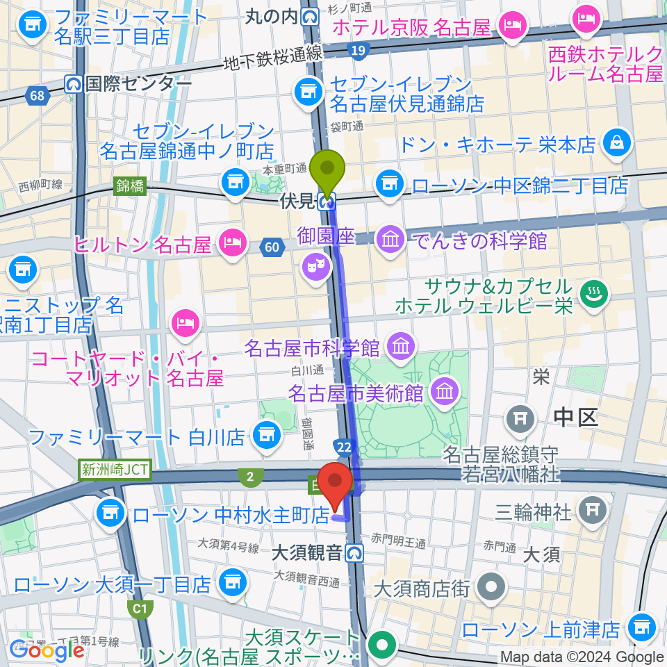 伏見駅から名古屋インターナショナルレジェンドホールへのルートマップ地図