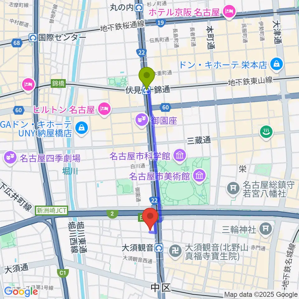 伏見駅から名古屋インターナショナルレジェンドホールへのルートマップ地図