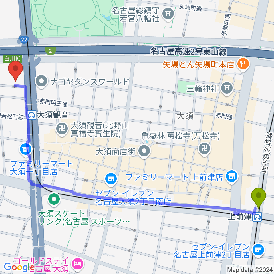 上前津駅から名古屋インターナショナルレジェンドホールへのルートマップ地図