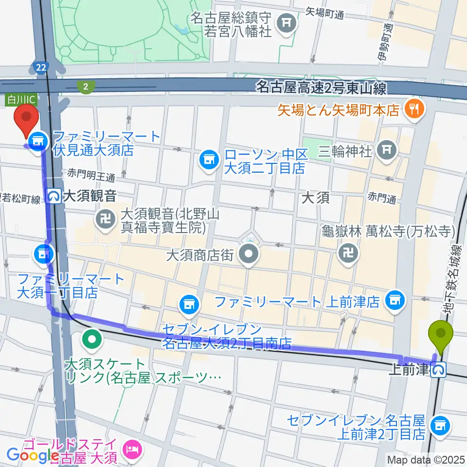 上前津駅から名古屋インターナショナルレジェンドホールへのルートマップ地図