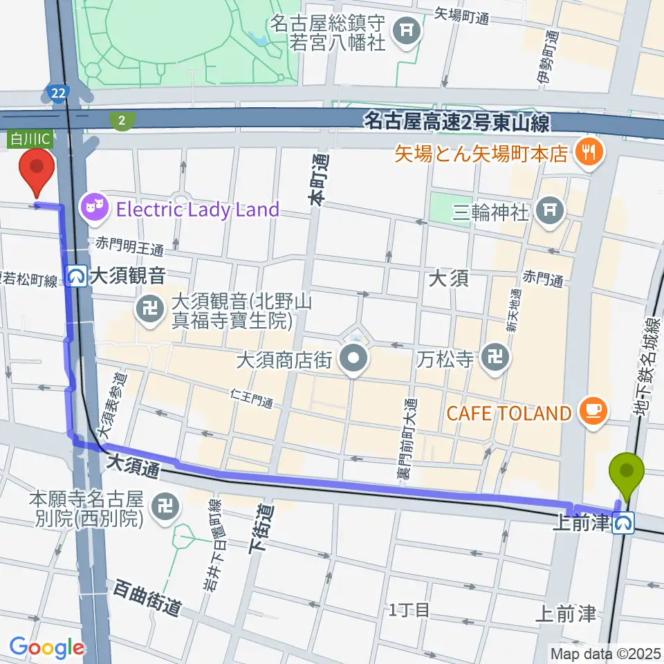 上前津駅から名古屋インターナショナルレジェンドホールへのルートマップ地図