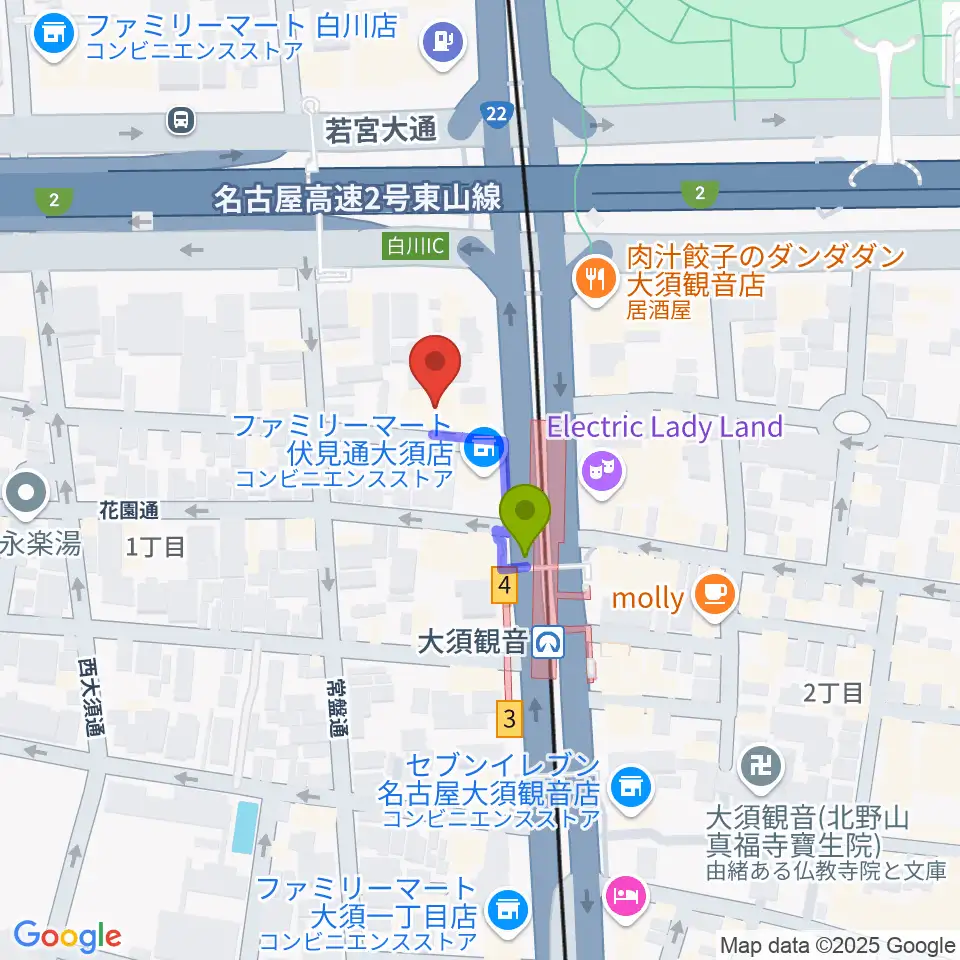 名古屋インターナショナルレジェンドホールの最寄駅大須観音駅からの徒歩ルート（約1分）地図