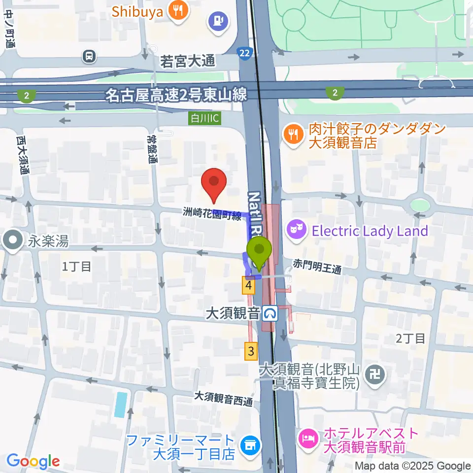 名古屋インターナショナルレジェンドホールの最寄駅大須観音駅からの徒歩ルート（約1分）地図