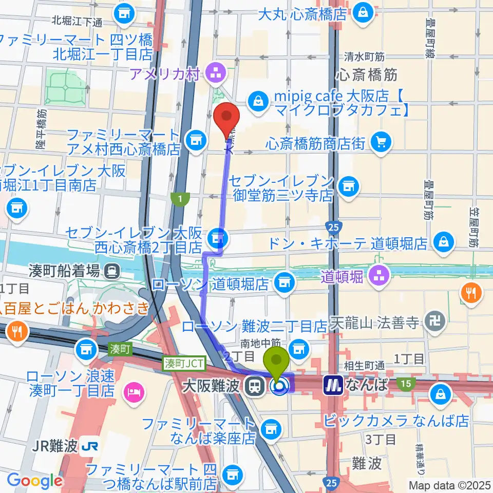 大阪難波駅から心斎橋BRONZEへのルートマップ地図