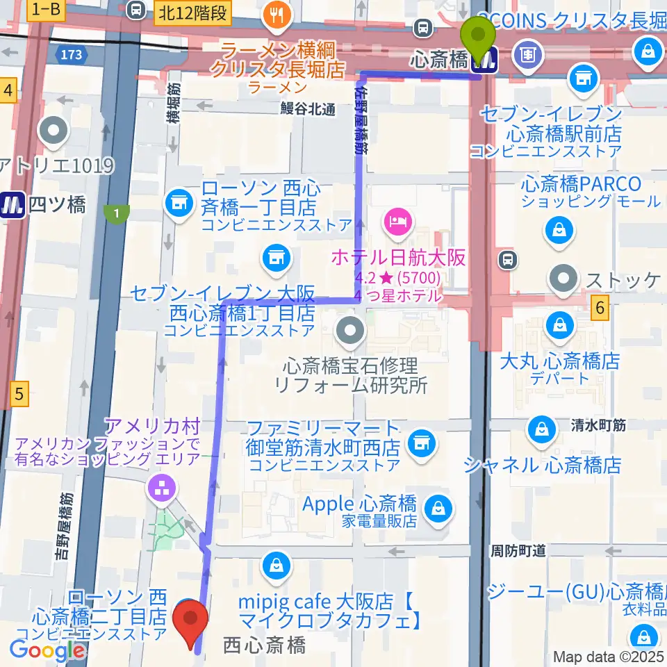 心斎橋駅から心斎橋BRONZEへのルートマップ地図