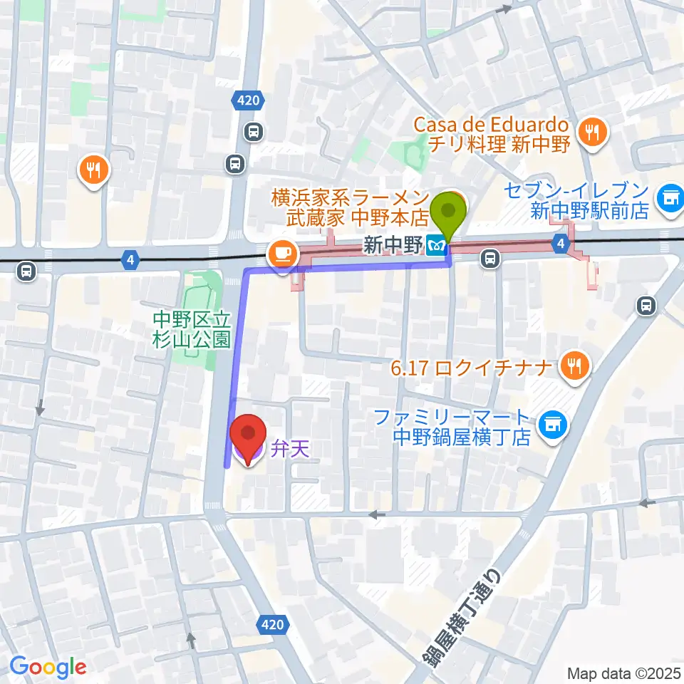 弁天の最寄駅新中野駅からの徒歩ルート（約3分）地図