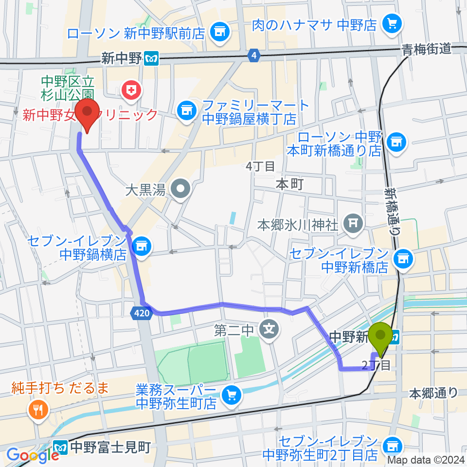 中野新橋駅から弁天へのルートマップ地図