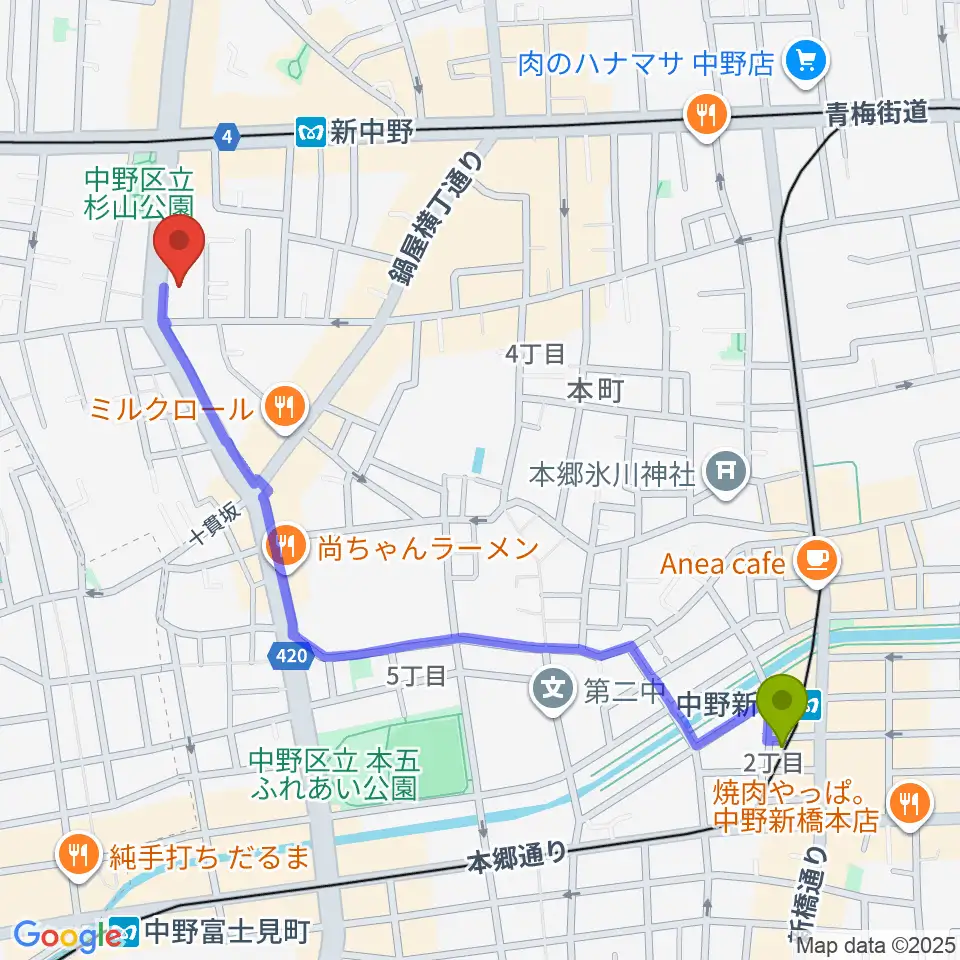 中野新橋駅から弁天へのルートマップ地図