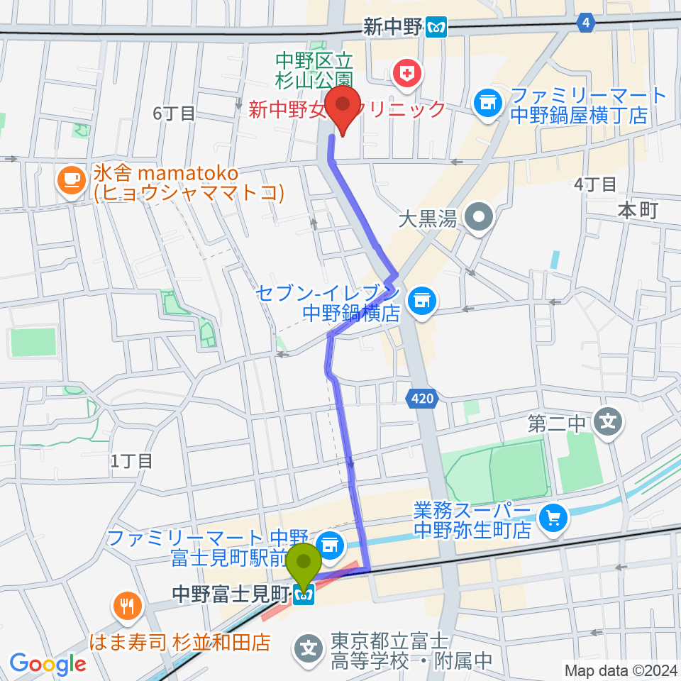 中野富士見町駅から弁天へのルートマップ地図