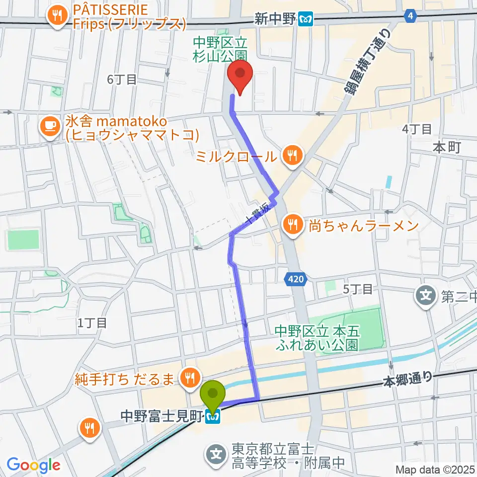 中野富士見町駅から弁天へのルートマップ地図