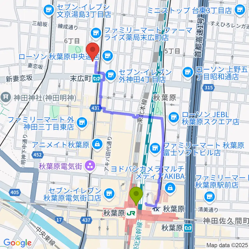 秋葉原駅からサウンドスタジオノア 秋葉原店へのルートマップ地図