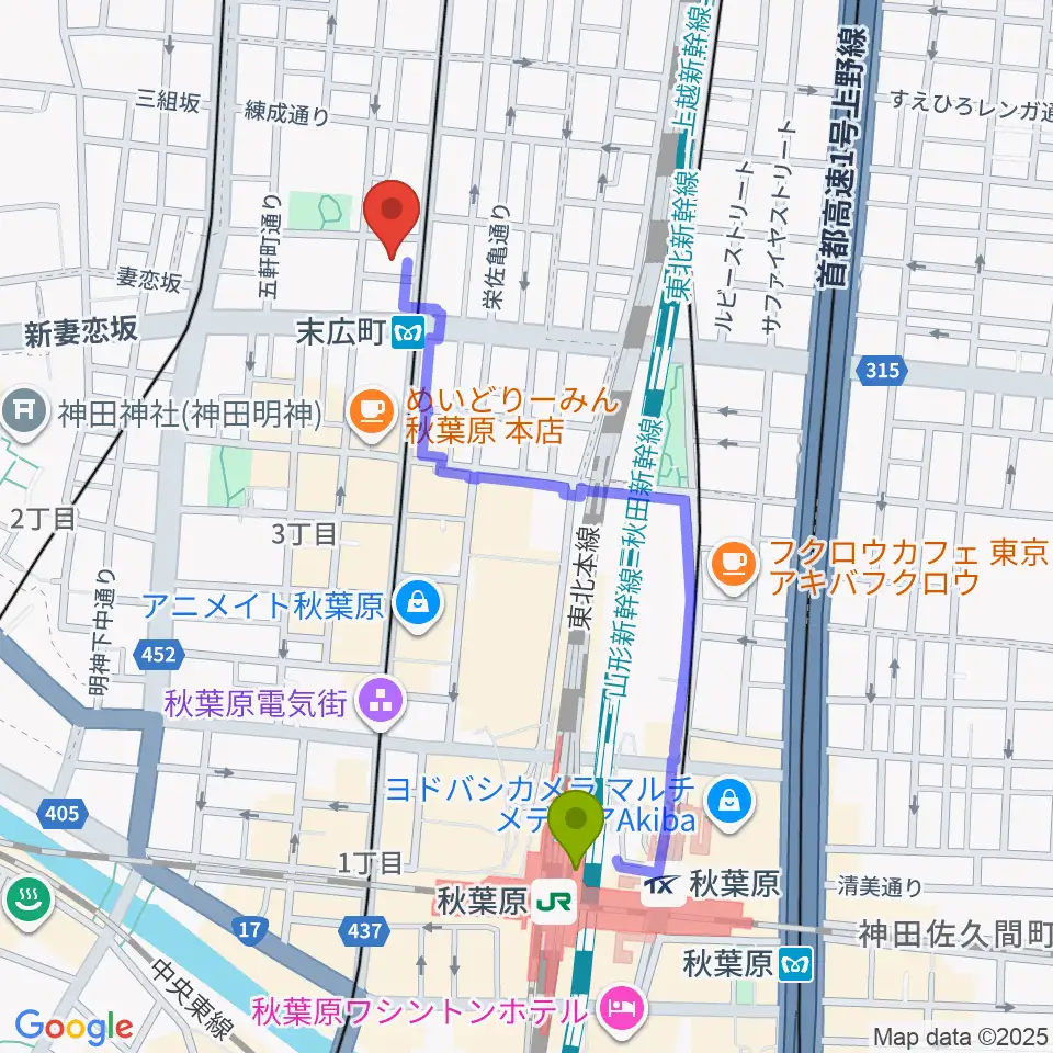秋葉原駅からサウンドスタジオノア 秋葉原店へのルートマップ地図
