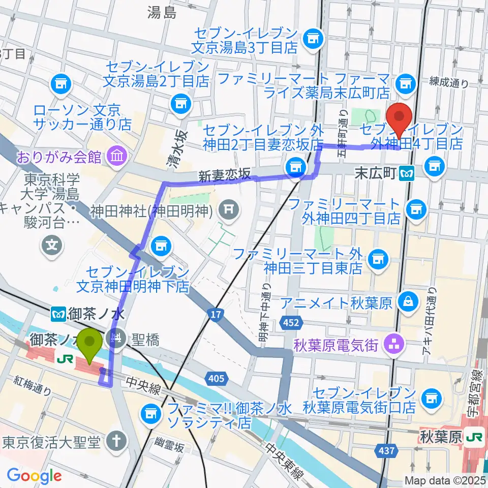 御茶ノ水駅からサウンドスタジオノア 秋葉原店へのルートマップ地図