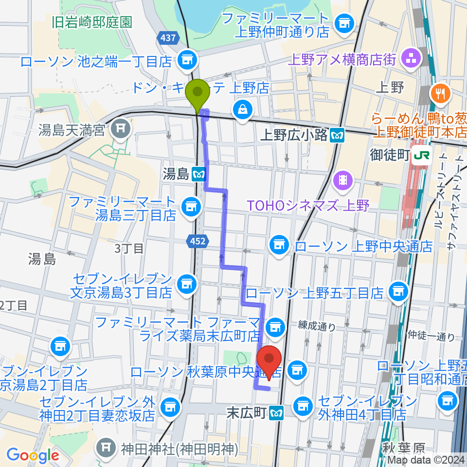 湯島駅からサウンドスタジオノア 秋葉原店へのルートマップ地図