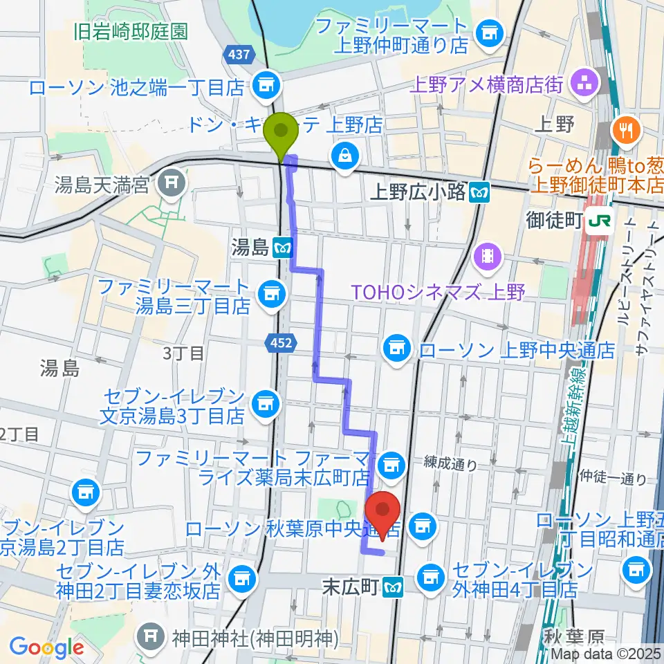 湯島駅からサウンドスタジオノア 秋葉原店へのルートマップ地図