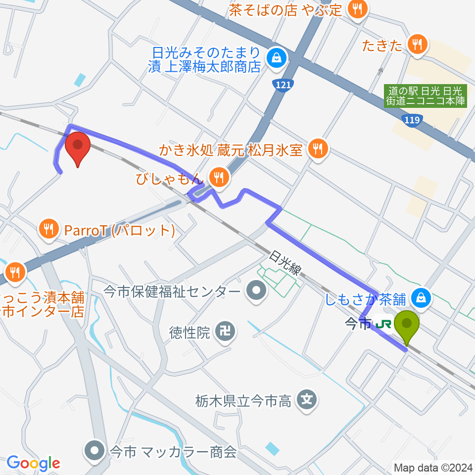 今市駅から日光市今市文化会館へのルートマップ地図