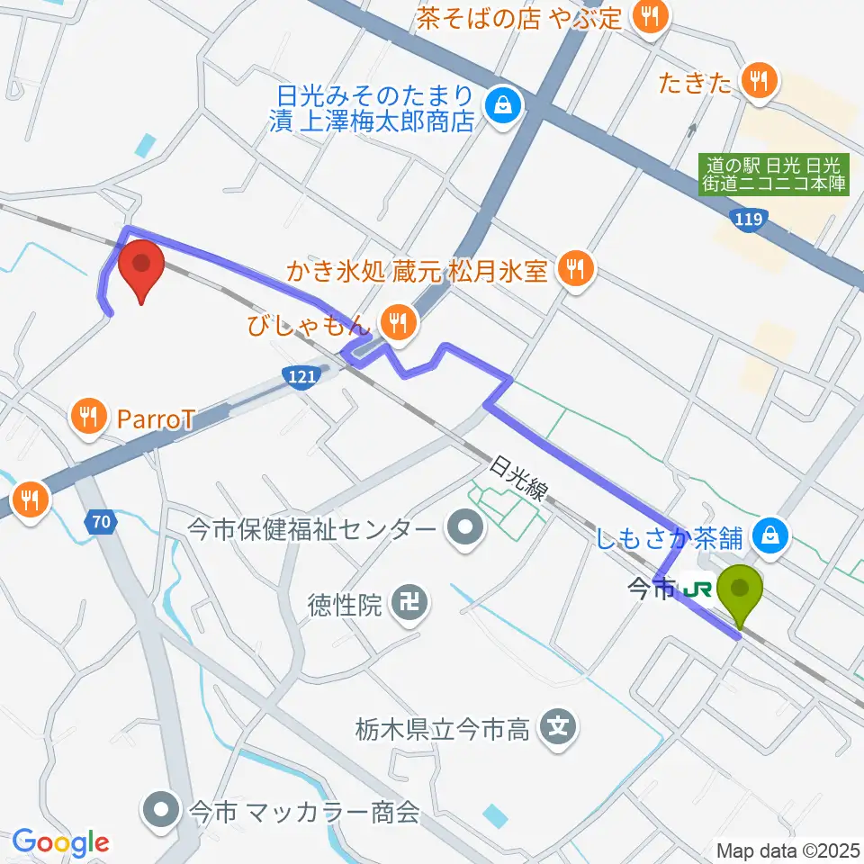 今市駅から日光市今市文化会館へのルートマップ地図