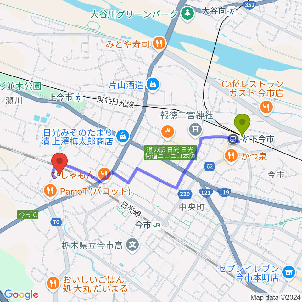 下今市駅から日光市今市文化会館へのルートマップ地図